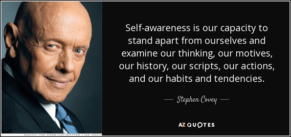 Stephen Covey Quote - Self-awareness is our capacity to stand apart from ourselves and examine our thinking, our scripts, our actions, and our habits and tendencies.