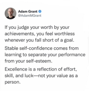 Adam Grant Quote "If you judge your worth by your achievements, you feel worthless whenever you fall short of a goal. Stable self-confidence comes from learning to separate your performance from your self-esteem. Excellence is a reflection of effort, skill, and luck - not your value as a person."